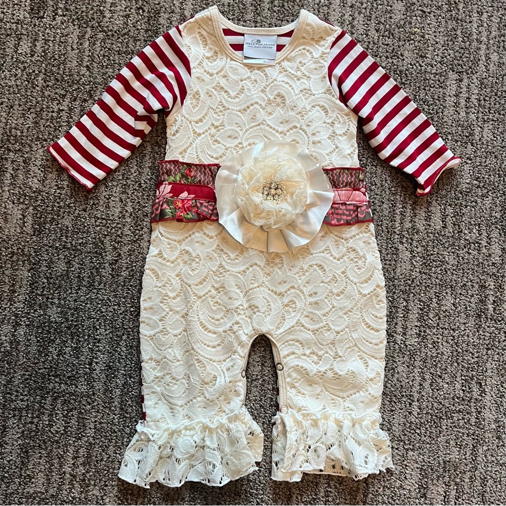 SHE BLOOM baby girl boutique one piece outfit 3 months red & white lace